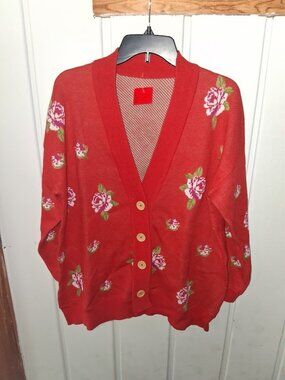Metric Knits 100% Cotton Oversized Floral Button Front Cardigan NWT Sz L
